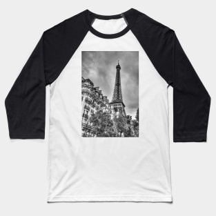 Eiffel Tower Paris, Behind The Town Houses, Black And White Baseball T-Shirt